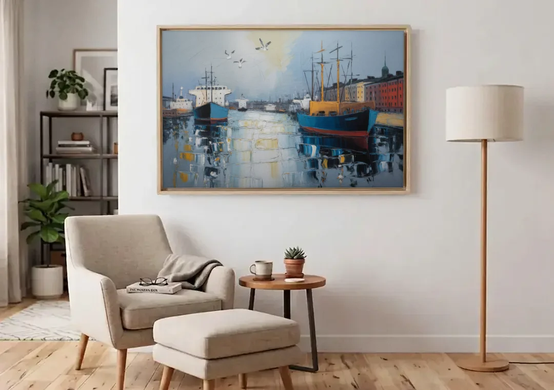 Helsinki Harbor canvas wall art above an armchair in a bright living room
