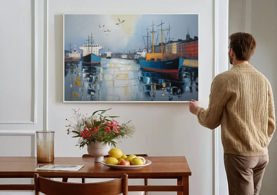 Helsinki Harbor canvas wall art above a dining table