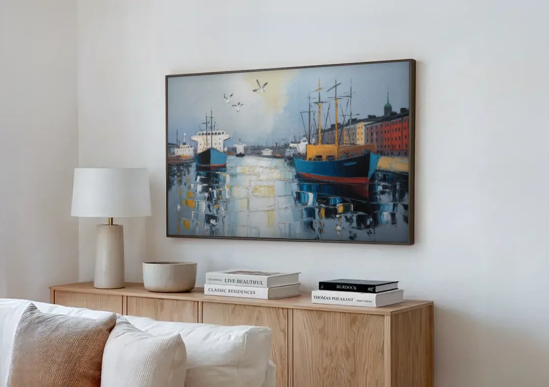 Helsinki Harbor canvas wall art above a wooden sideboard next to a sofa