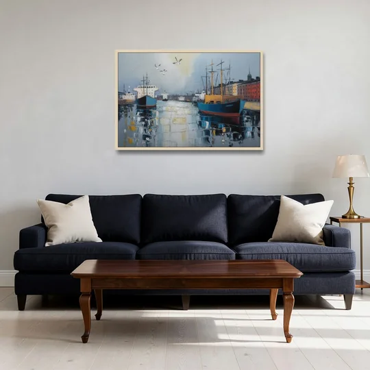 Helsinki Harbor - Oak Framed Canvas Wall Art - Sofa - 36x24