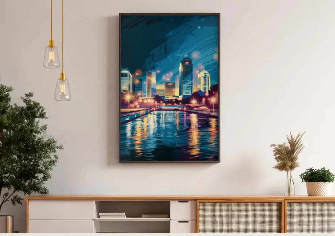 Henderson City Lights canvas wall art above a wooden sideboard under pendant lights