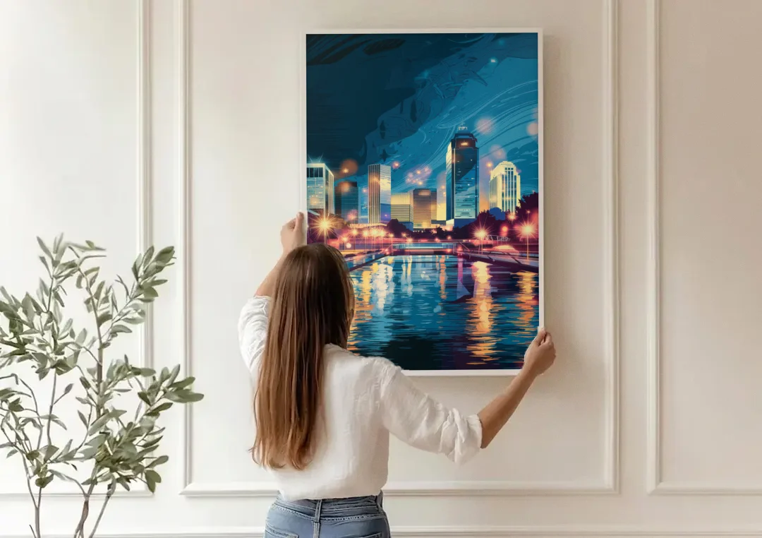 Henderson City Lights canvas wall art being hung on a paneled wall