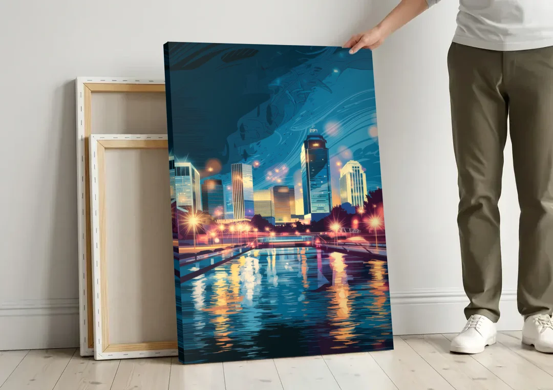 Henderson City Lights canvas wall art leaning against a wall next to blank canvases