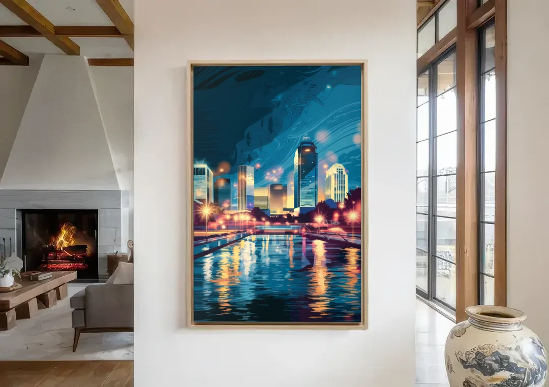 Henderson City Lights canvas wall art in a living room with a fireplace