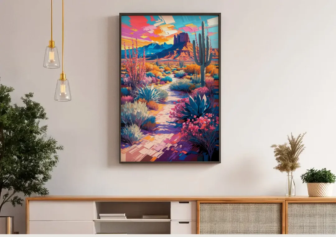 Henderson Desert Bloom canvas wall art above a wooden sideboard under pendant lights