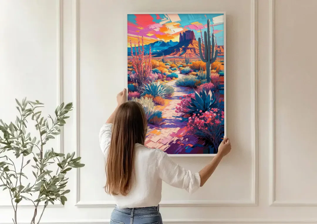 Henderson Desert Bloom canvas wall art being hung on a paneled wall