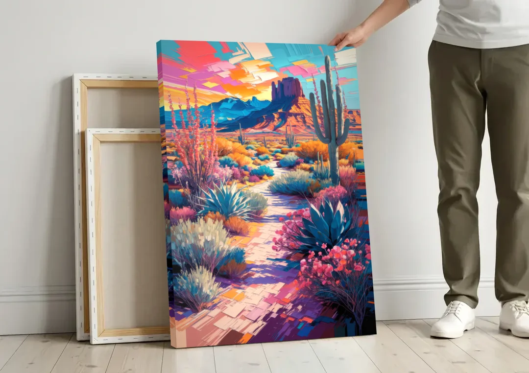 Henderson Desert Bloom canvas wall art leaning against a wall next to blank canvases