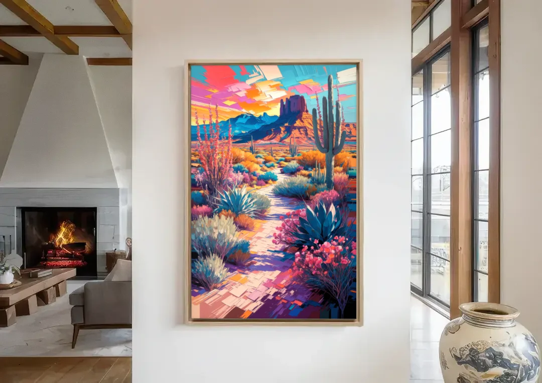 Henderson Desert Bloom canvas wall art in a living room with a fireplace