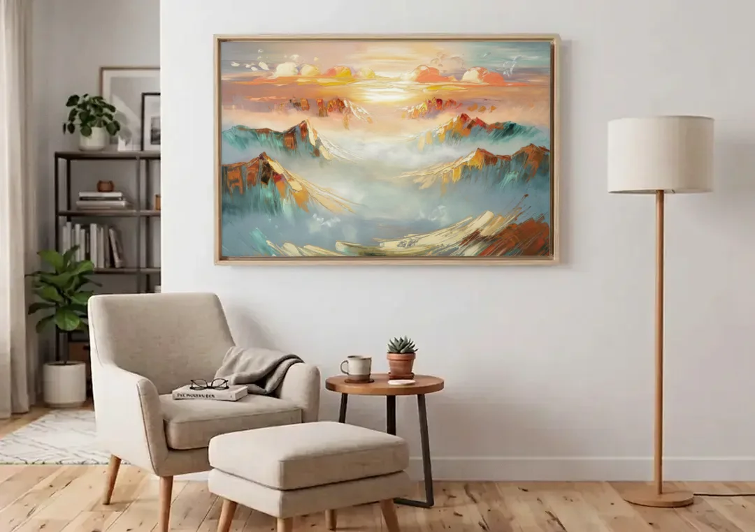 Henderson Mountain Horizon canvas wall art above an armchair in a bright living room