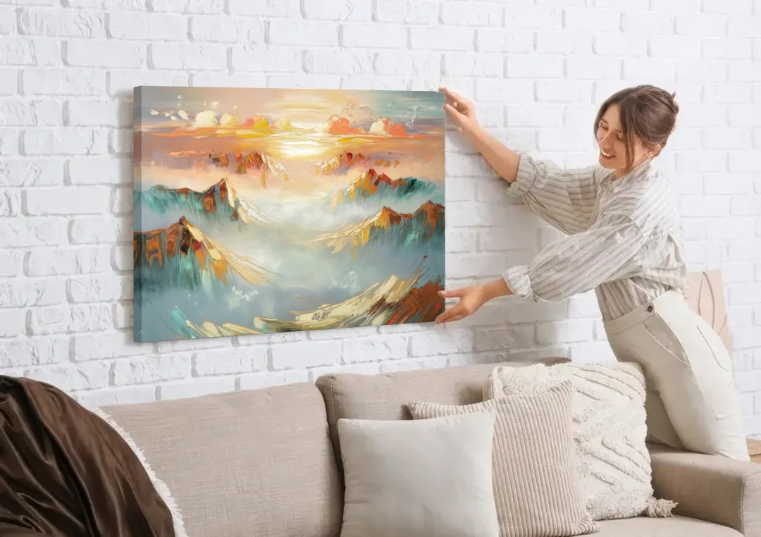 Henderson Mountain Horizon canvas wall art being hung on a white brick wall above a sofa