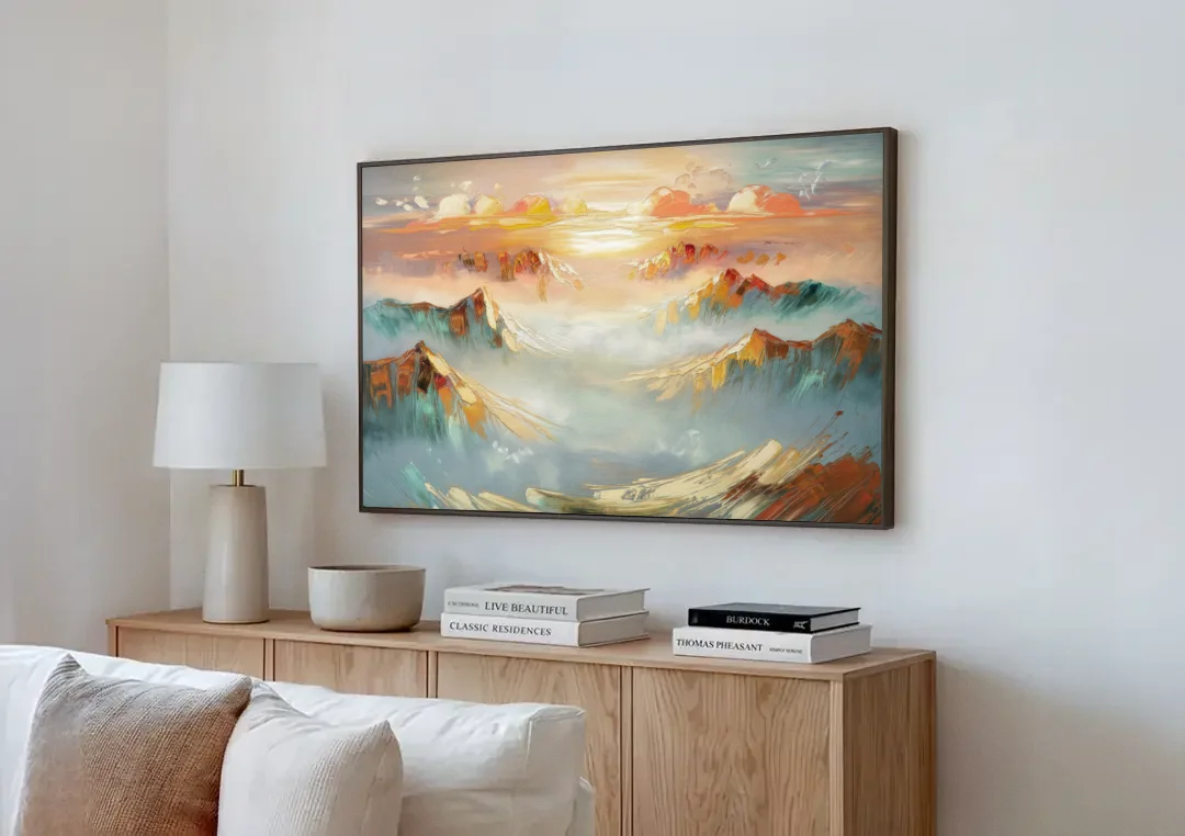 Henderson Mountain Horizon canvas wall art above a wooden sideboard next to a sofa