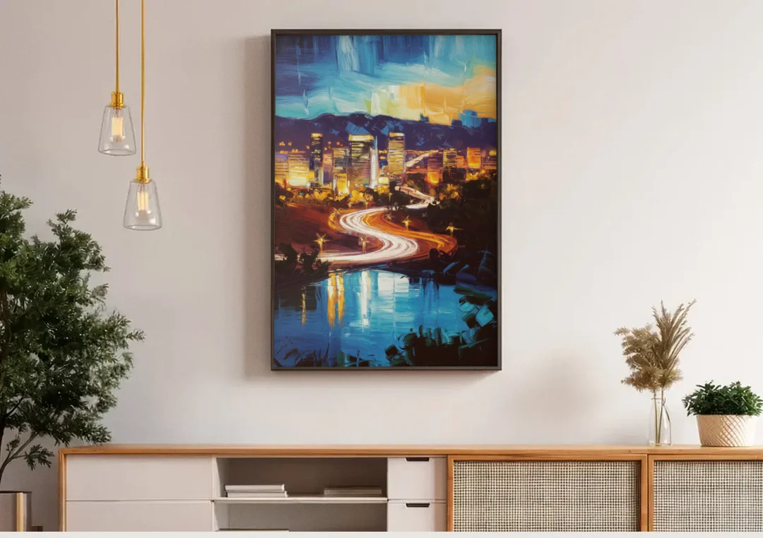 Henderson Nightscape canvas wall art above a wooden sideboard under pendant lights