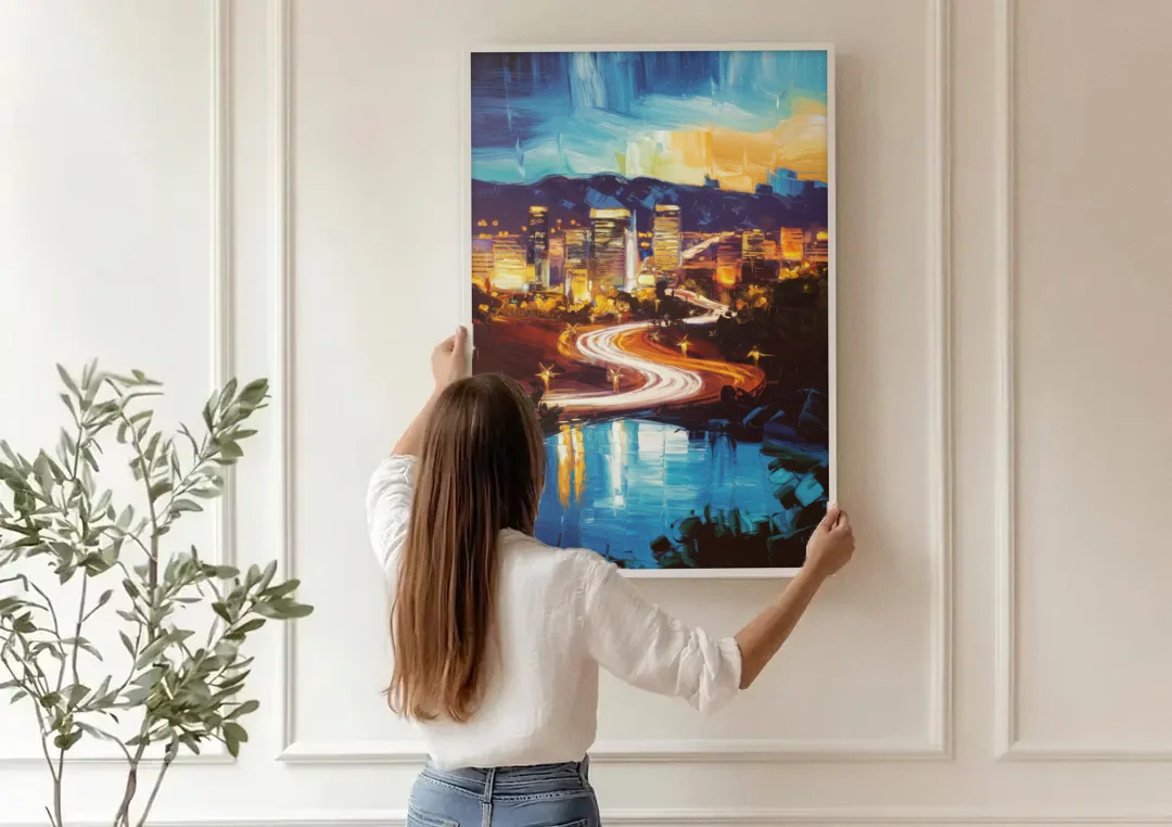 Henderson Nightscape canvas wall art being hung on a paneled wall