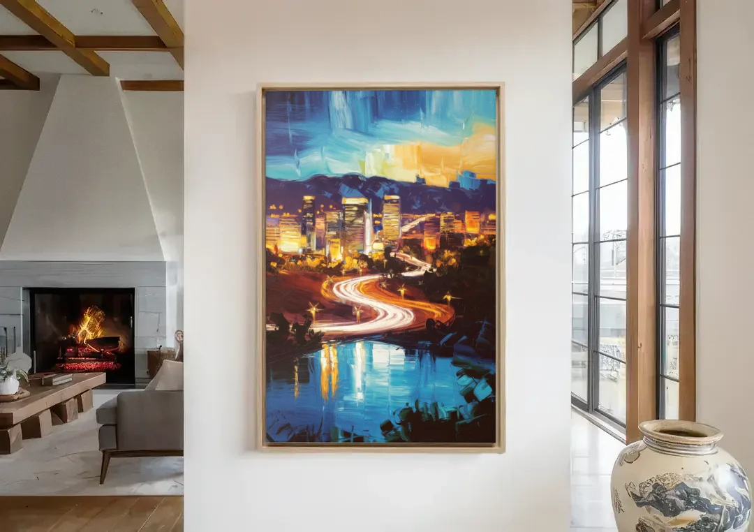Henderson Nightscape canvas wall art in a living room with a fireplace