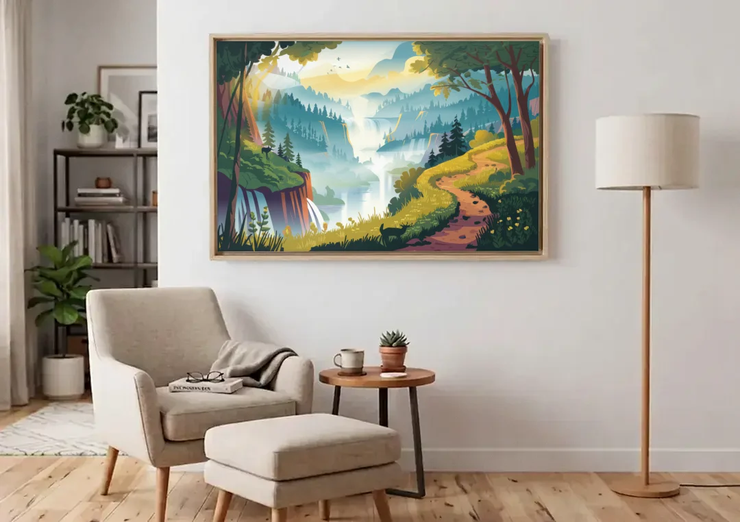 Henderson Scenic Trails canvas wall art above an armchair in a bright living room