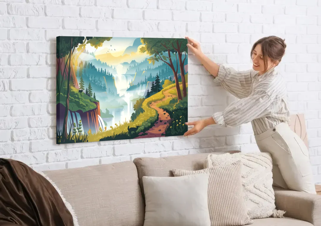 Henderson Scenic Trails canvas wall art being hung on a white brick wall above a sofa