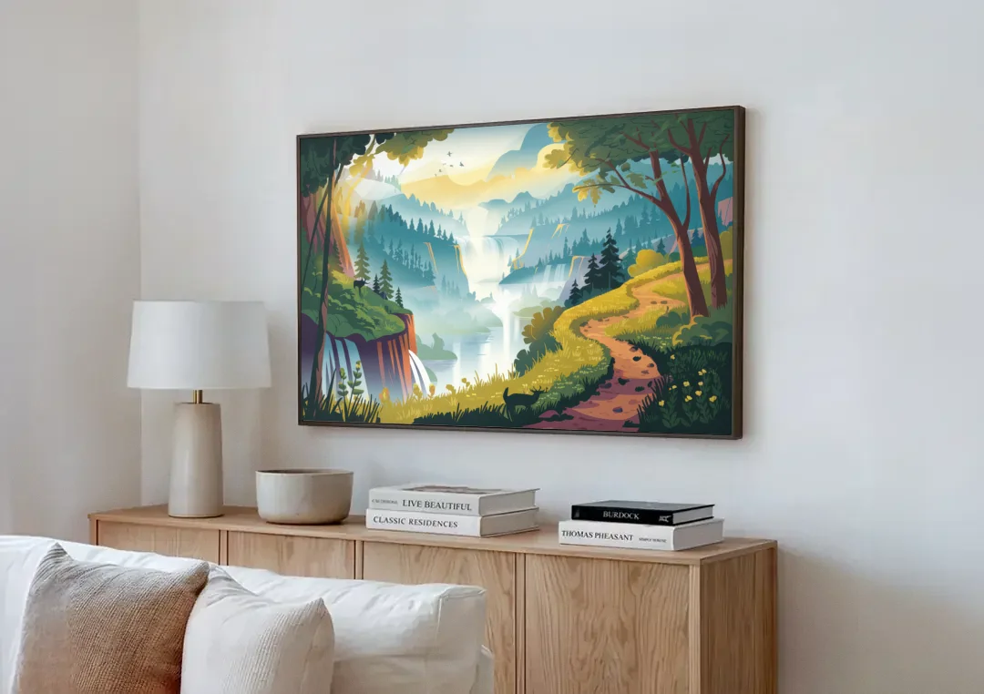 Henderson Scenic Trails canvas wall art above a wooden sideboard next to a sofa