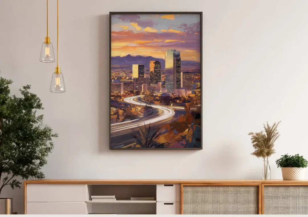 Henderson Skyline Views canvas wall art above a wooden sideboard under pendant lights