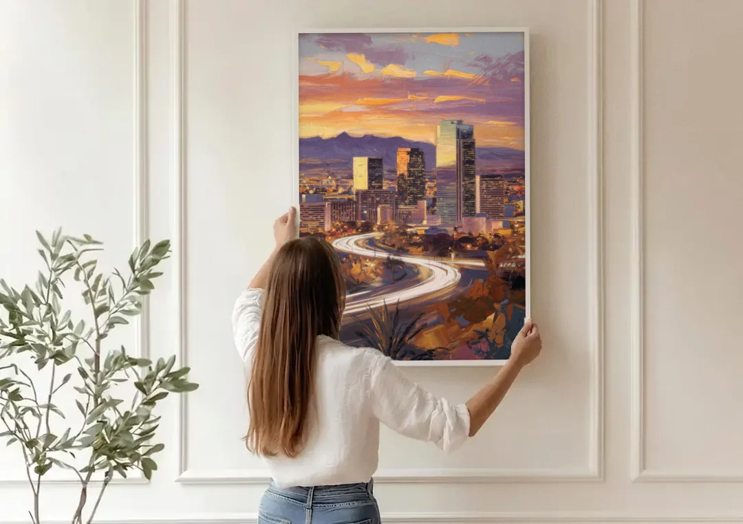 Henderson Skyline Views canvas wall art being hung on a paneled wall