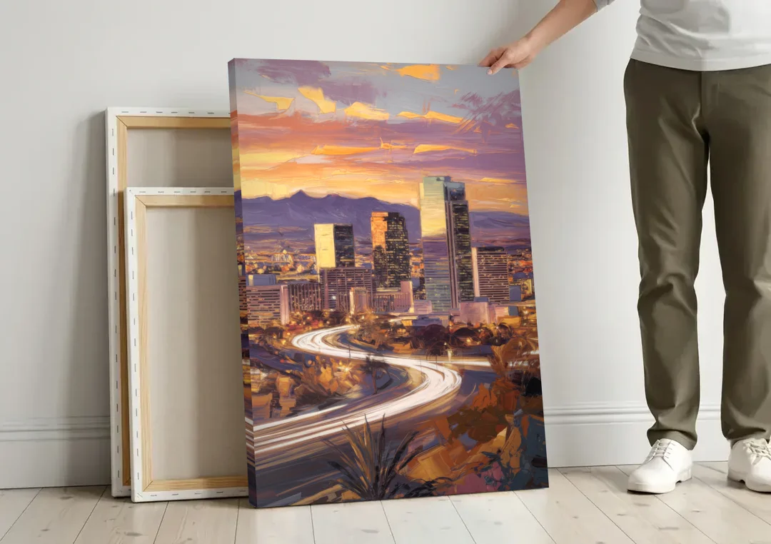 Henderson Skyline Views canvas wall art leaning against a wall next to blank canvases