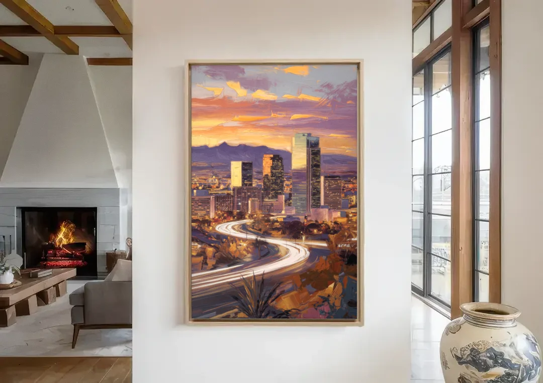 Henderson Skyline Views canvas wall art in a living room with a fireplace