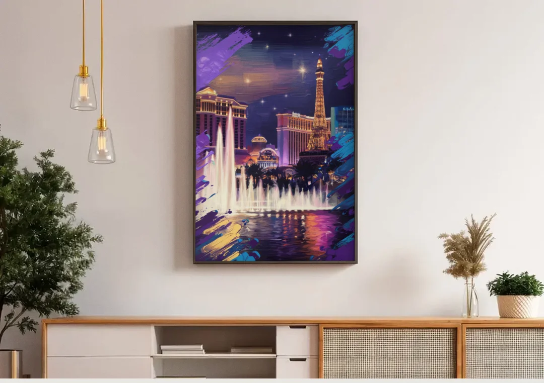 Henderson Vegas Vibes canvas wall art above a wooden sideboard under pendant lights