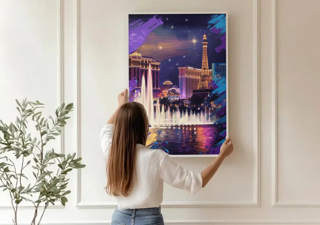Henderson Vegas Vibes canvas wall art being hung on a paneled wall