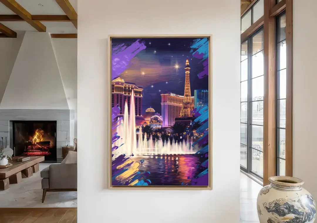 Henderson Vegas Vibes canvas wall art in a living room with a fireplace