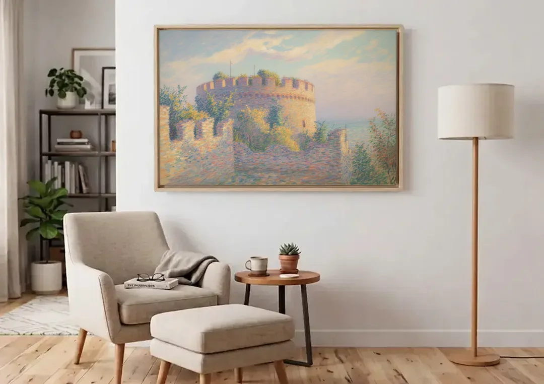 Heptapyrgion Fortress canvas wall art above an armchair in a bright living room