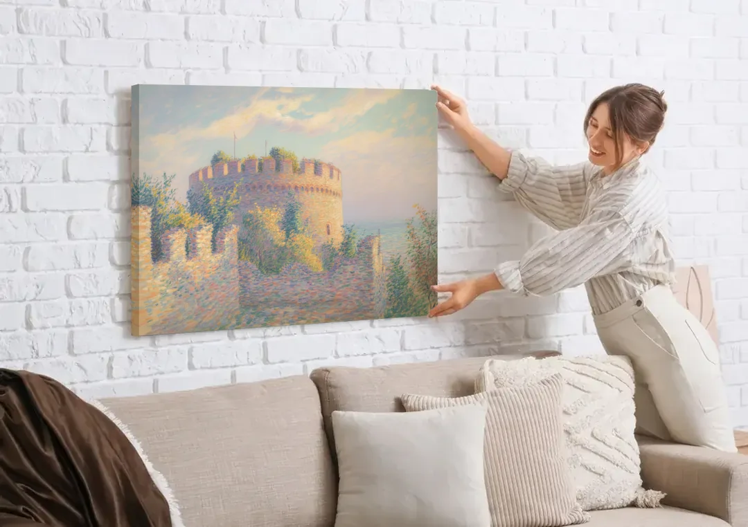 Heptapyrgion Fortress canvas wall art being hung on a white brick wall above a sofa