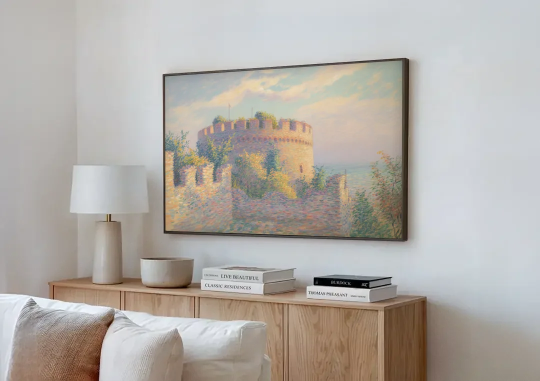 Heptapyrgion Fortress canvas wall art above a wooden sideboard next to a sofa