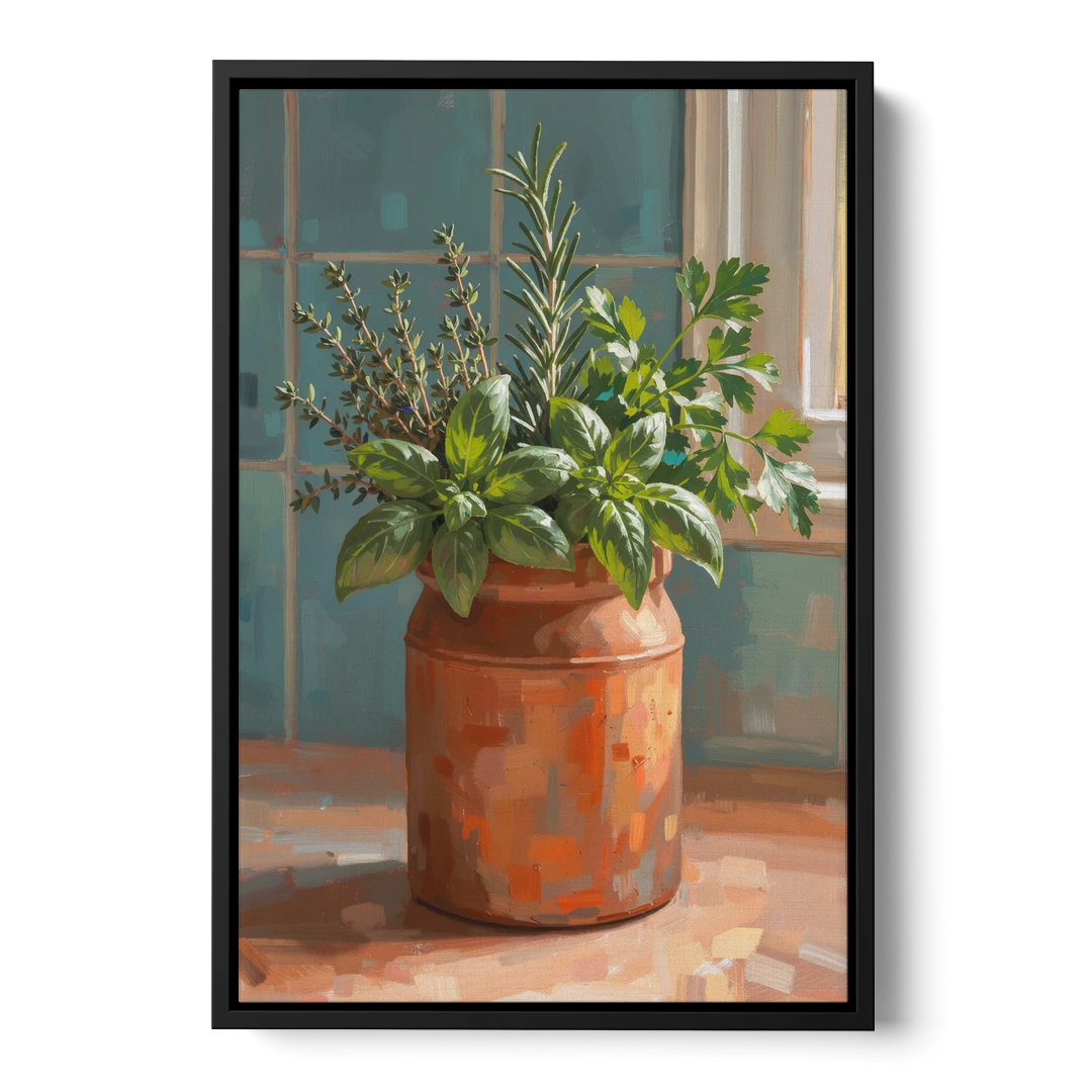 Herb Wall Art Kitchen Terracotta Crock - Black Framed Canvas Wall Art - Front