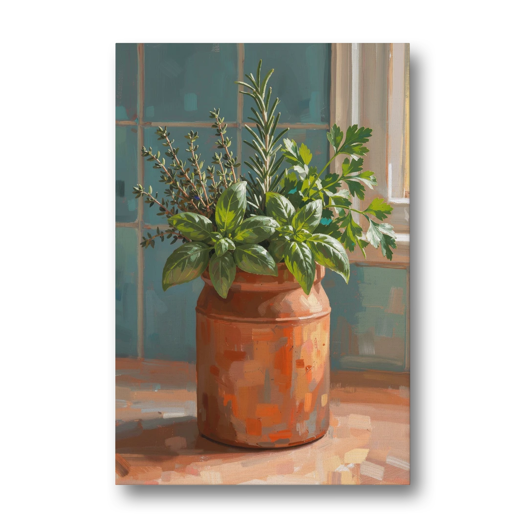 Herb Wall Art Kitchen Terracotta Crock - Canvas Wall Art - Front
