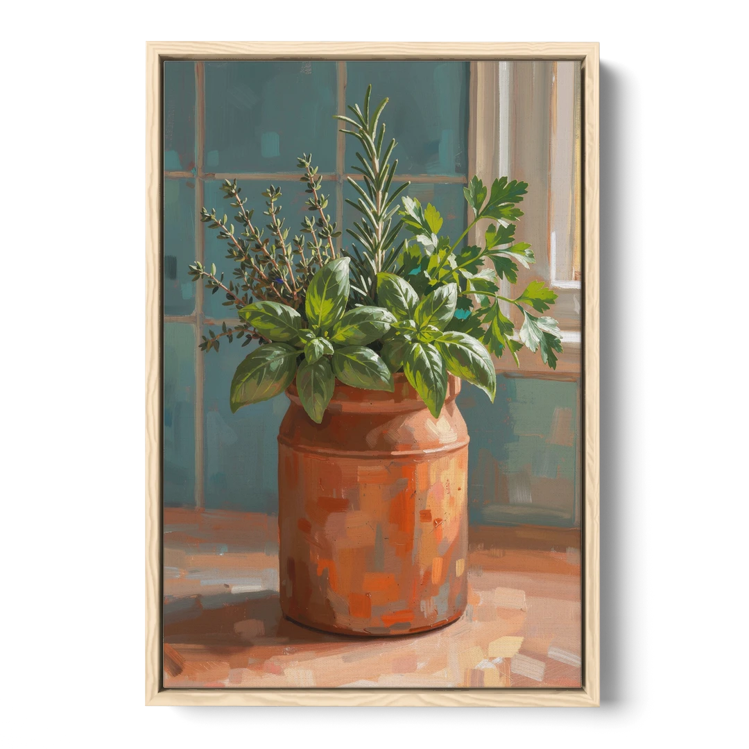Herb Wall Art Kitchen Terracotta Crock - Oak Framed Canvas Wall Art - Front