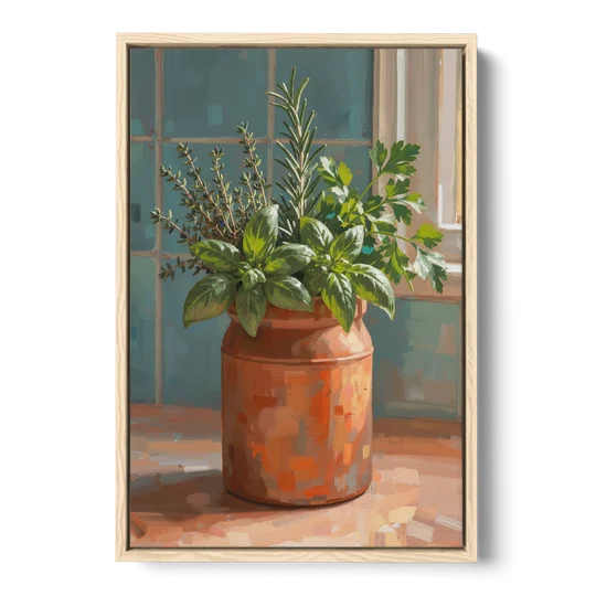 Herb Wall Art Kitchen Terracotta Crock - Oak Framed Canvas Wall Art - Front