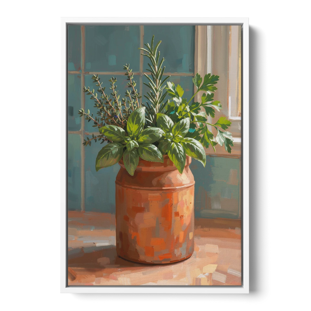 Herb Wall Art Kitchen Terracotta Crock - White Framed Canvas Wall Art - Front