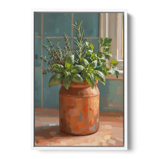 Herb Wall Art Kitchen Terracotta Crock - White Framed Canvas Wall Art - Front