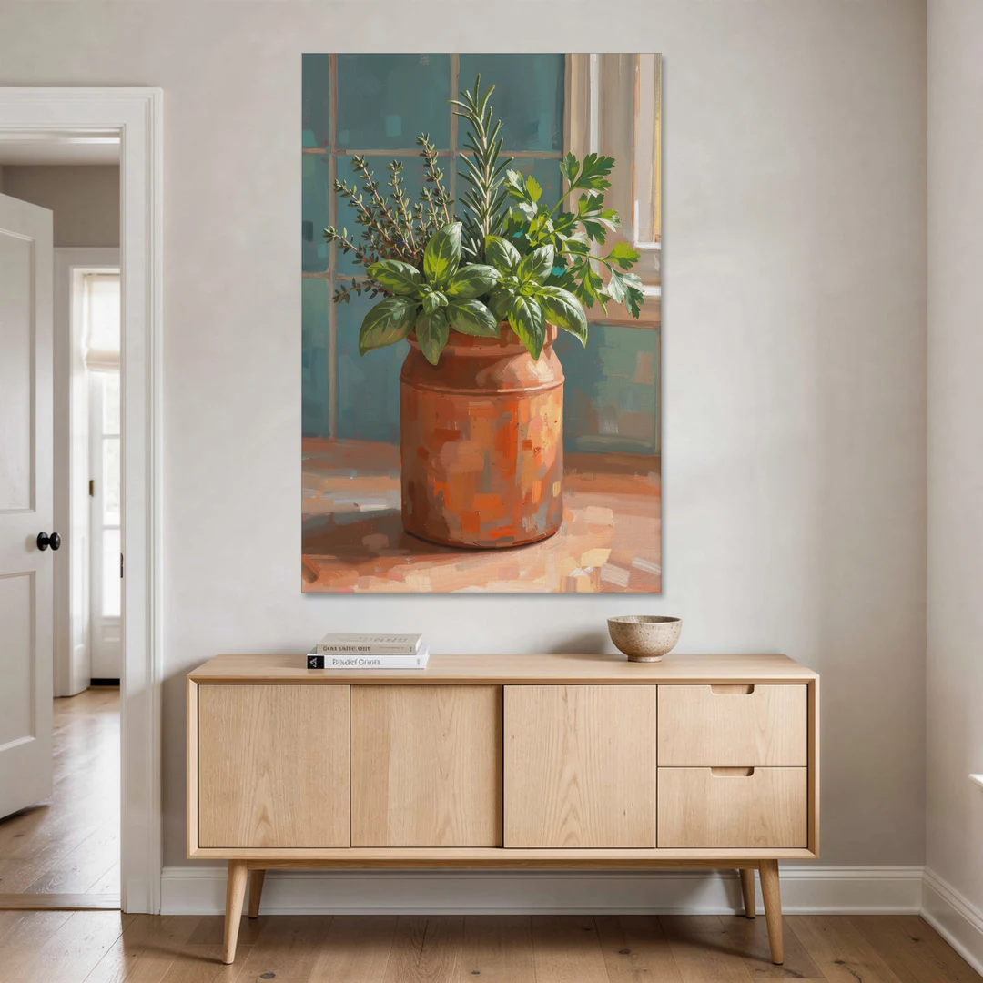 Herb Wall Art Kitchen Terracotta Crock - Canvas Wall Art - Coffee Table - 40x60