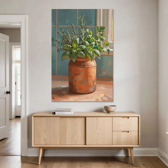 Herb Wall Art Kitchen Terracotta Crock - Canvas Wall Art - Coffee Table - 40x60