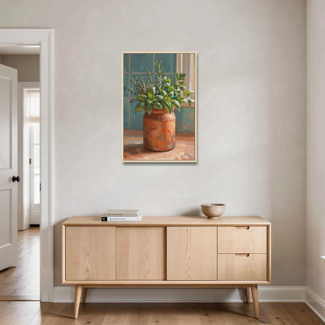 Herb Wall Art Kitchen Terracotta Crock - Oak Framed Canvas Wall Art - Coffee Table - 24x36