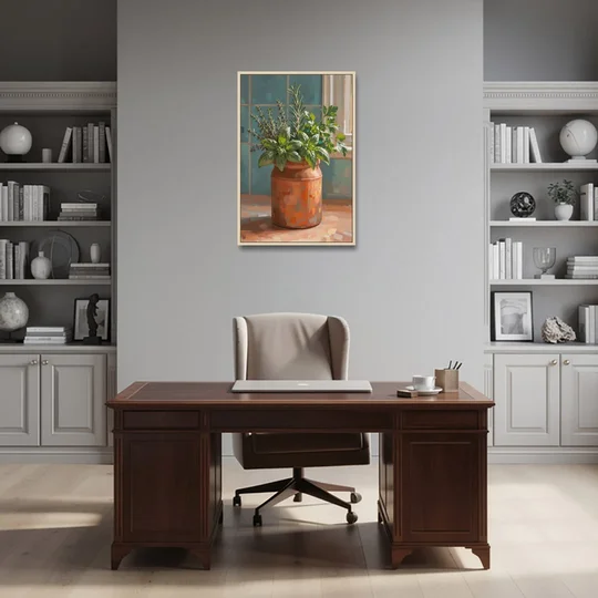 Herb Wall Art Kitchen Terracotta Crock - Oak Framed Canvas Wall Art - Office - 24x36