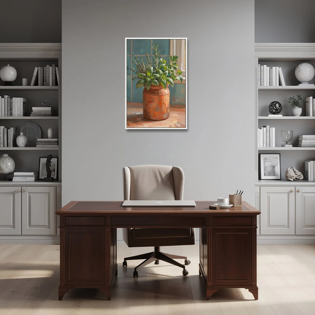 Herb Wall Art Kitchen Terracotta Crock - White Framed Canvas Wall Art - Office - 24x36