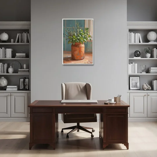 Herb Wall Art Kitchen Terracotta Crock - White Framed Canvas Wall Art - Office - 24x36