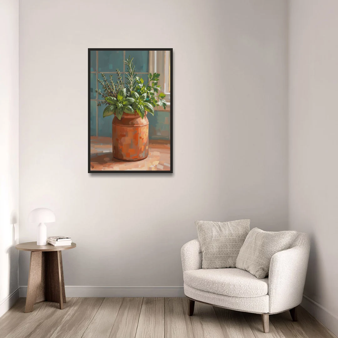Herb Wall Art Kitchen Terracotta Crock - Black Framed Canvas Wall Art - Sofa - 24x36