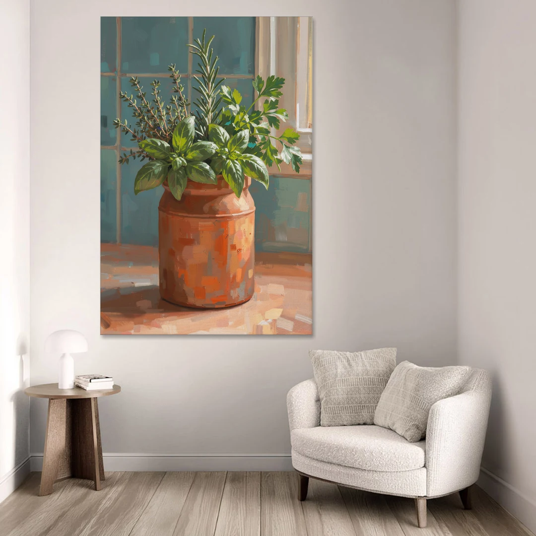 Herb Wall Art Kitchen Terracotta Crock - Canvas Wall Art - Sofa - 40x60
