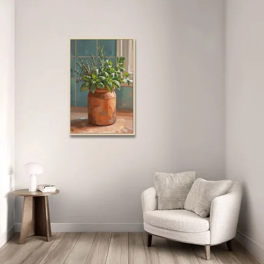 Herb Wall Art Kitchen Terracotta Crock - Oak Framed Canvas Wall Art - Sofa - 24x36