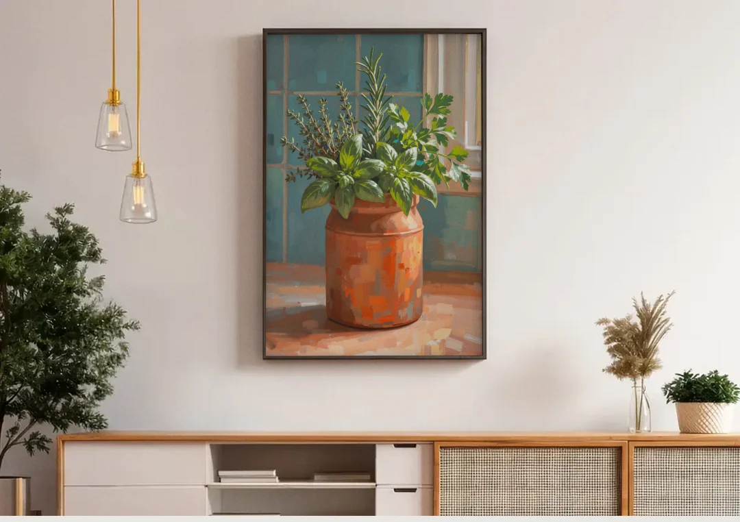 Herb Wall Art Kitchen Terracotta Crock canvas wall art above a wooden sideboard under pendant lights