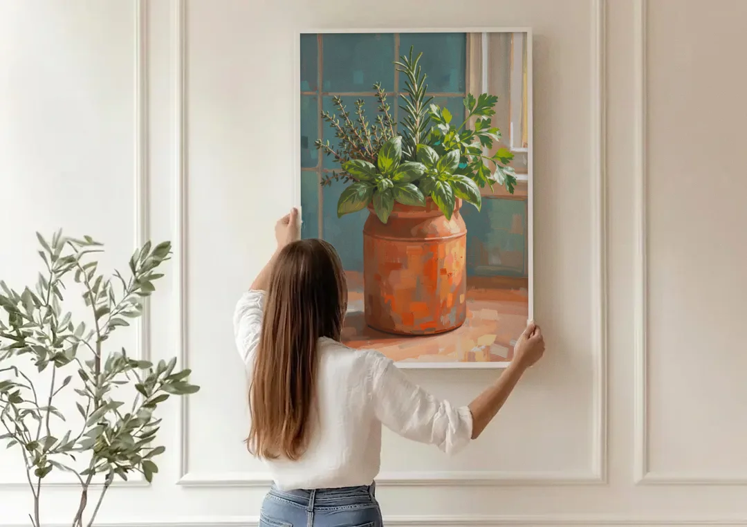 Herb Wall Art Kitchen Terracotta Crock canvas wall art being hung on a paneled wall