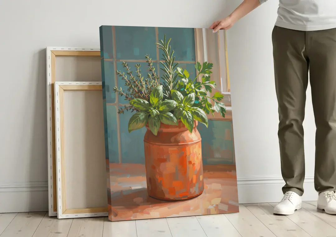 Herb Wall Art Kitchen Terracotta Crock canvas wall art leaning against a wall next to blank canvases