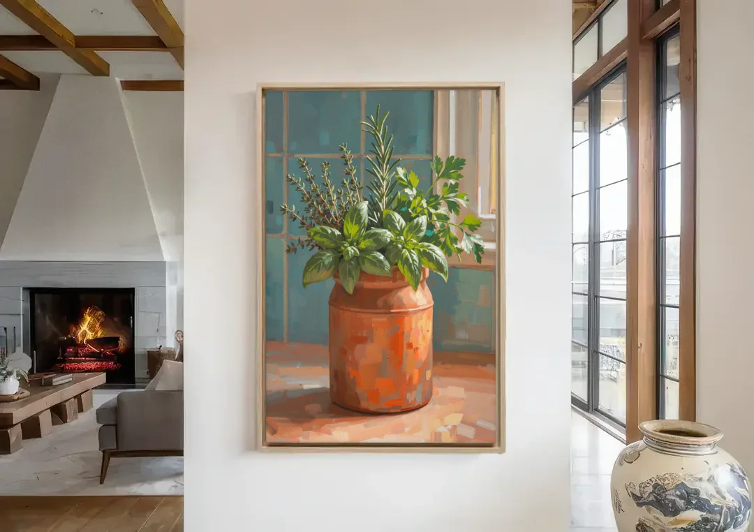 Herb Wall Art Kitchen Terracotta Crock canvas wall art in a living room with a fireplace